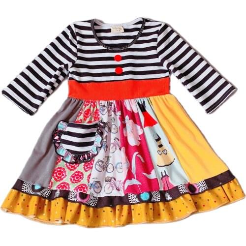 New design black stripes flower design Ruffle Full sleeves style with Flower trim and pocket Baby Girls Dress for present