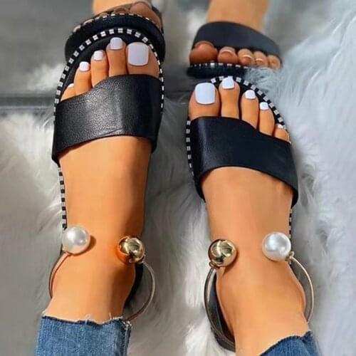 Women Sandals 2021 Summer Woman Pearl Metal Decoration Flat Ladies Non Slip Female Slip On Plus Size 43 Casual Shoes Slides