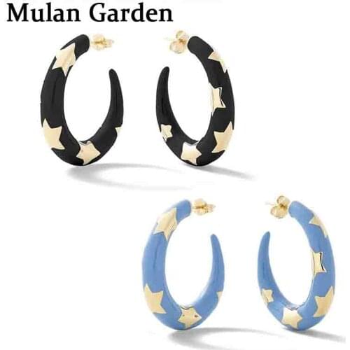 M&G Small Hoop Earrings for Women Dripping Oil Pentagram Stars Pattern Gold Cute Trendy Jewelry Black Earrings Fashion Accessory