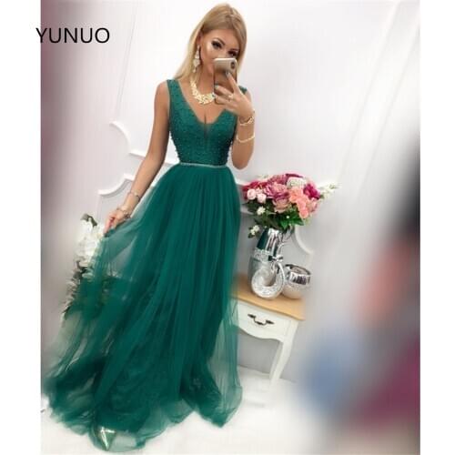 YUNUO Emerald Long Tulle Prom Formal Dresses V-neck A Line suknie wieczorowe Maxi Sequin Pearls Evening Dress Party Gowns
