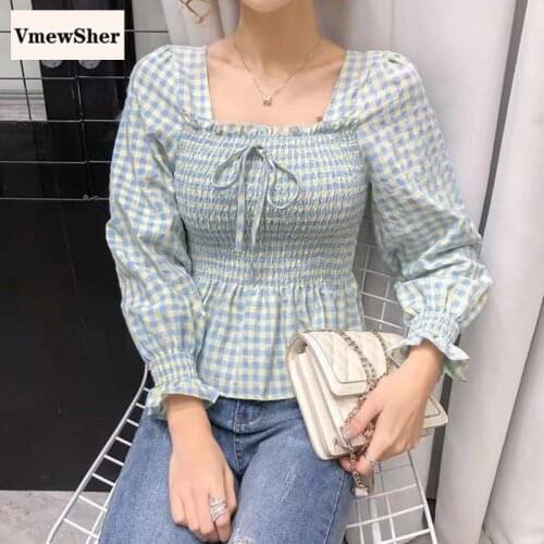 VmewSher Casual Spring Square Collar Women Blouse Plaid Puff Sleeve Front Bow Chic Female Elastic Short Shirt Sweet Crop Tops