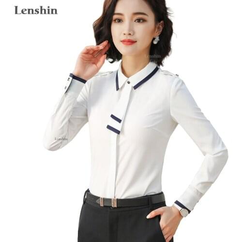 Lenshin Front Tie Shirts for Women Contrast Sleeve Blouse Work Wear Office Lady Bow Female Ruffle Tops Chemise