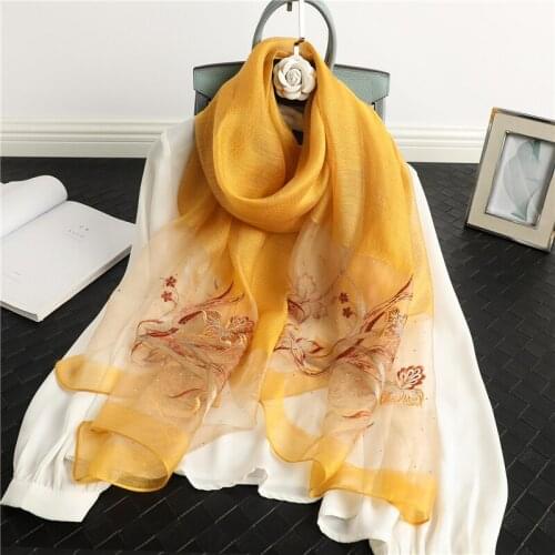 Women Silk Wool Scarf Floral Embroidery Female Foulard Hijab Pashmina Spring Shawls Wraps Bufanda Headscarf Beach Stoles