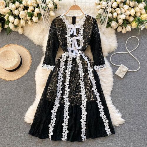 Womens spring summer runway fashion white black lace dress female chic travel vintage lace dress TB1482