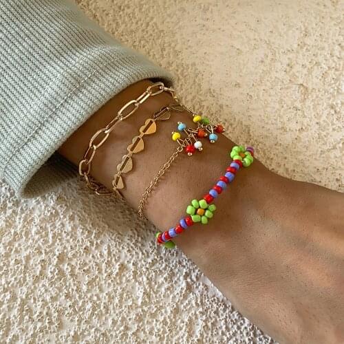 4pcs Bohemian Vintage Beads Pearl Bracelets For Women Colorful Acrylic Love Heart Charm Bracelet Sets African Gold Color Jewelry