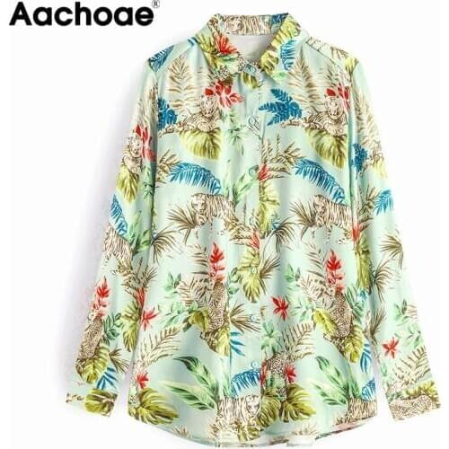 Aachoae Boho Print Long Sleeve Satin Blouse Women Turn Down Collar Holiday Beach Ladies Tops Loose Shirt Tunic Blusas Mujer XS-L