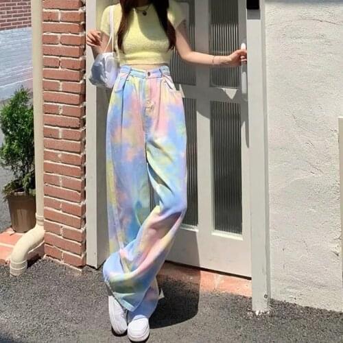 Rainbow Colors Jeans Women Wide Leg Summer High Waist Adjustable Denim Pants Korean Loose Casual Trouser Streetwear New 2021