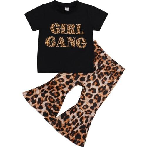 1-6Y Toddler Baby Girls Clothing Set Summer Baby Girls Clothes Outfit Short Sleeve Letter Top Leopard Flare Pants 2pcs Set