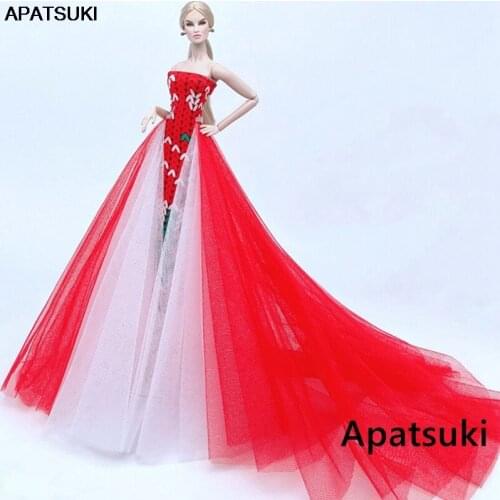Red Wedding Dress For Barbie Doll Clothes Big Dresses Outfits Evening Party Gown For 1/6 BJD Accessories For Kids DIY Toys