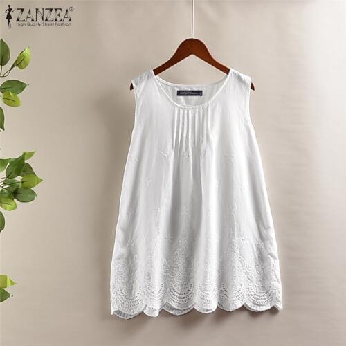 ZANZEA 2021 Lace Tops Womens Hollow Bllouse Elegant Casual Summer Tank Tunic Female O Neck Sleeveless Blusas Chemise