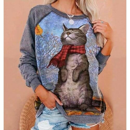 80% 2021 New Women O Neck Long Sleeve Leaves Cats Print Blouse Top Autumn Winter Sweatshirt
