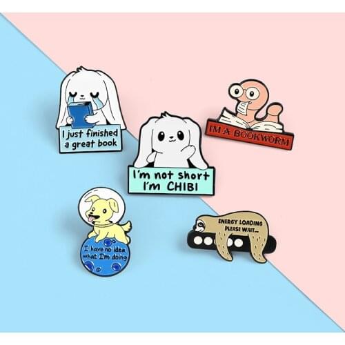 Cartoon Fun Animals Reading Books Learning Enamel Brooch Dog Cat Sloth Snake Alloy Pins Badge Sweet Woman Jewelry Gift For Kid