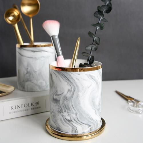 Nordic Home Decoration Ceramic Marble Storage Bin Gold Makeup Brush Storage Tube Gold Pen Holder Vase