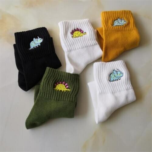 2020 Cute Women Embroidery Dinosaur Cotton Socks Lovely Cartoon Animal Vintage Short Socks Novelty Crazy Funny Cozy Sock Funky