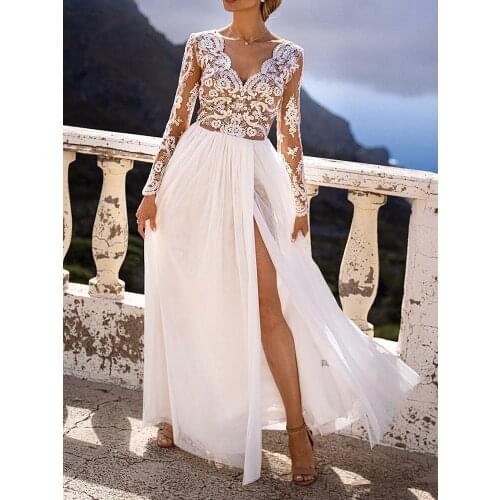 Tromlfz 2021 New Sexy Lace V Neck Bridesmaid Dresses Women Long Sleeved White Slit Wedding Vestido Fashion Evening Prom Robe