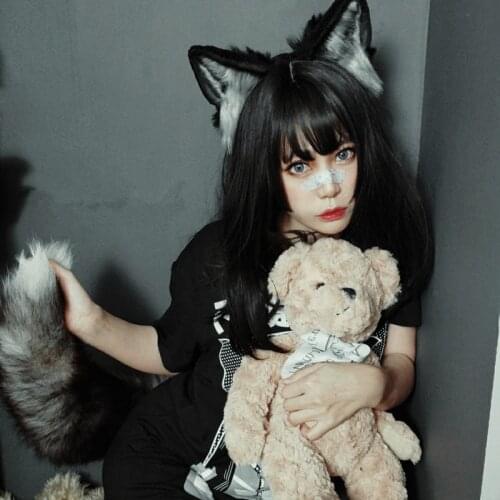 New Hand Made Animal Black Fox Wolf Wolves Ears Hairhoop Hairbans Headwear Tail Set for Cosplay Game Party Costume Accessories