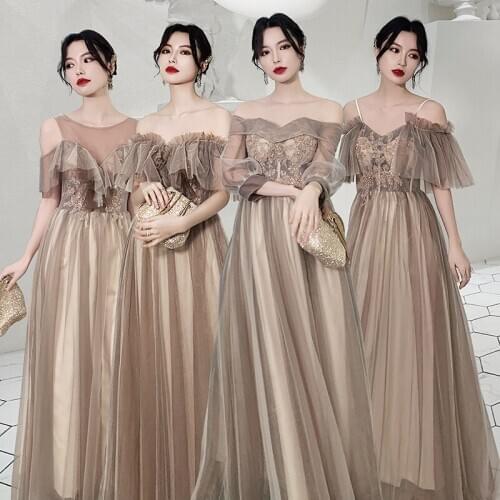 Bridesmaids Dresses Illusion Sequined Lace Short V-Neck Floor-Length Spaghetti Straps Luxury Tulle Women Wedding Party Gown E281