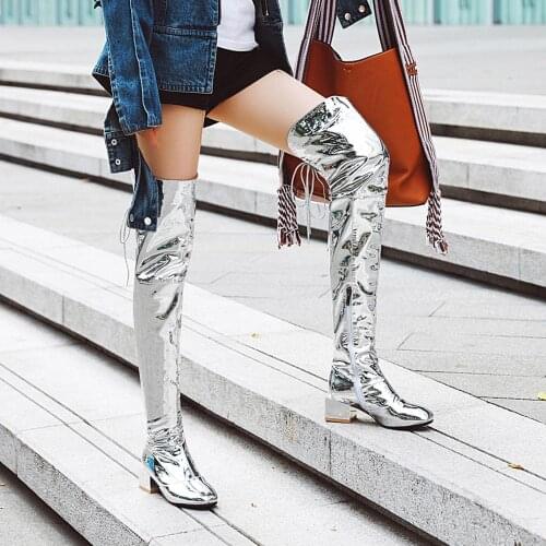 Ochanmeb T-stage Runway Shoes Women Thigh High Boots Gold Pink Silver Over-the-Knee Boot Woman Winter Night Club Party Shoes 48