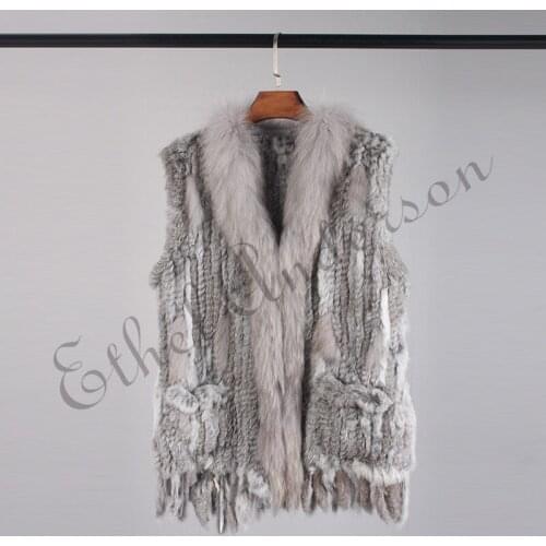 Hot Womens Knitted Real Rabbit Fur Long Vest Classic Design Gilet Raccoon Fur Collar Tassel Slim Waistcoat Casual Jacket Pockets