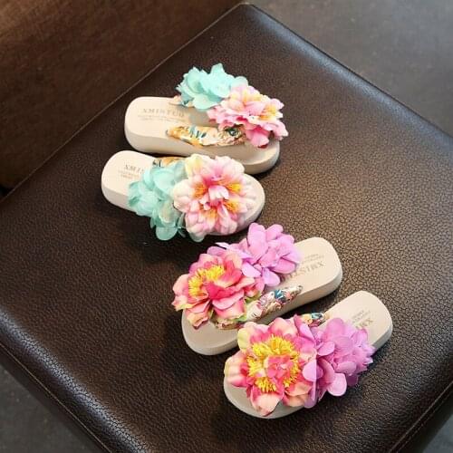 Silk Middle Heel Parent Child Flip-flop for Girls Antiskid Flower Beach Resort Shoes for Kids