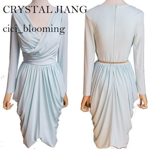 Light Blue Long Sleeves Pleats Dresses V-neck Short Bridesmaid Dress (no belt)