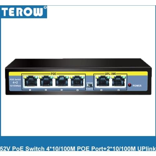 TEROW 52V 6-Port POE Switch 4*10/100Mbps POE Port+2*10/100Mbps UPLINK Port 250M Transmission IEEE802.3 AT/ AF 1.2Gbps Duplex