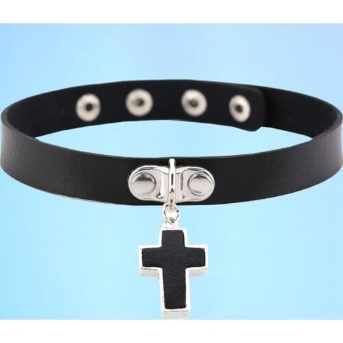 Gothic PU leather necklace with collarbone chain simple cross pendant necklace collar with adjustable button