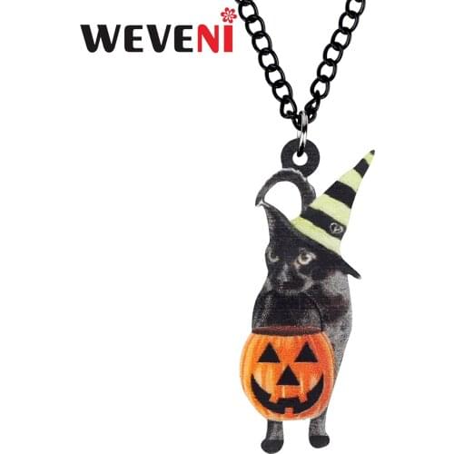 WEVENI Acrylic Halloween Hat Pumpkin Head Black Cat Necklace Cute Animal Pets Kitten Pendant Jewelry For Women Kids Charms Gift