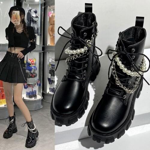 2021 Women New Boots Fashion Platform Boots Pearl Chain Casual Women Boots Chunky Boots Women Riding Boots Botas De Mujer