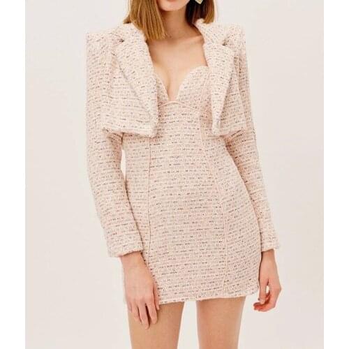 Summer Sweet Tweed Two Piece Set 2021 Women Single Button Short Blazer Sexy Slip Dress Cottagecore Girl Cute Blazer Dress Suits