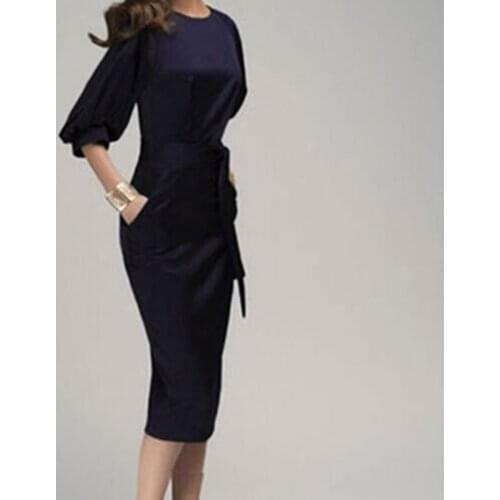 Bigsweety Elegant Women Dress Office Lady Mid-Calf Pencil Dress With Sashes Lantern Sleeve Slim Bodycon Party Dress Vestidos