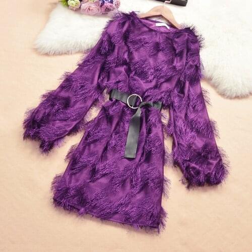 Womens Feather Dress With Bow Belt Tassel Long Sleeve High Waist Solid Bodycon Lady Mini Dresses Woman Vestido Female LS177