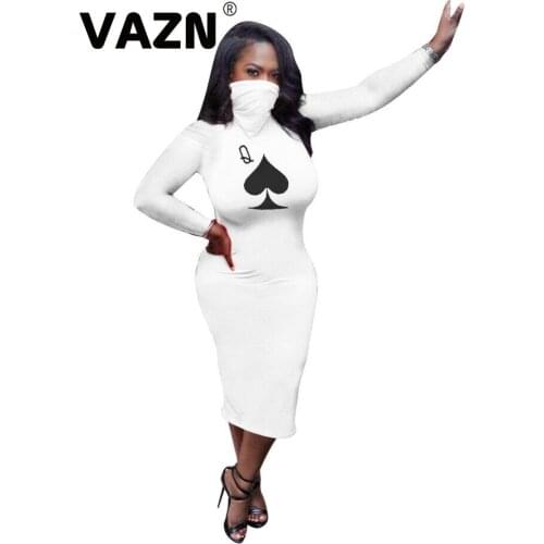 VAZN 2020 Autumn Hot Energy Novelty Daily Young 3 Color Style Full Sleeve Turtleneck Women Thin High Waist Midi Dress