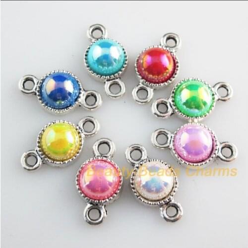 24 New Charms Mixed Acrylic Flatback Round Connectors Tibetan Silver Tone 10x19mm