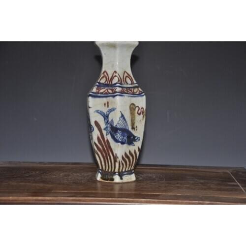 Antique ceramic porcelain Red Undergazed Fish crackle vase for collection