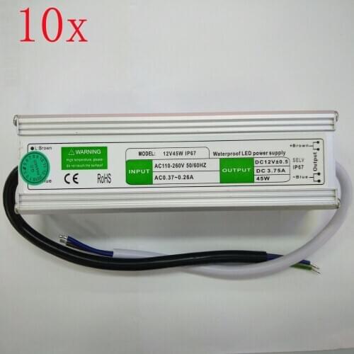 FREE DHL/CDEK, 10pcs/lot DC12V 45W LED power driver,Input 110V~260V IP67 waterproof power supply transformer