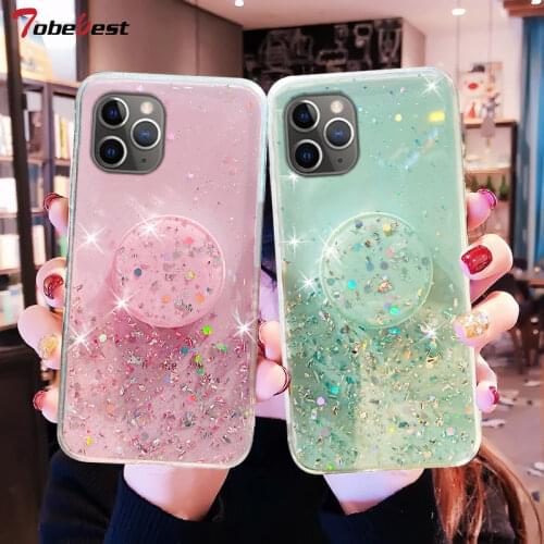 Bling Glitter Silver Foil phone holder Case For iPhone 12 Mini 11 Pro X XS Max XR 8 7 6S 6 Plus Soft Silicone Transparent Cover