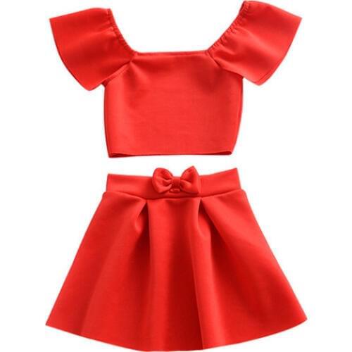 DFXD Little Girls 2 Piece Set 2018 Summer England Style Red Short Sleeve Shoulderless Short Top+Bowknot Tutu Skirt Kids Clothes