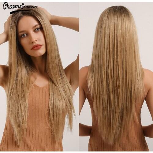 CharmSource Long Straight Lace Part Synthetic Wigs Ombre Light Blonde for White and Black Women Daily Use Hair Heat Resistant
