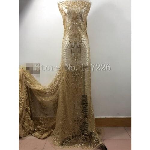 Gold color french net lace with glued glitter top selling embroidery african tulle mesh fabric for wedding dress