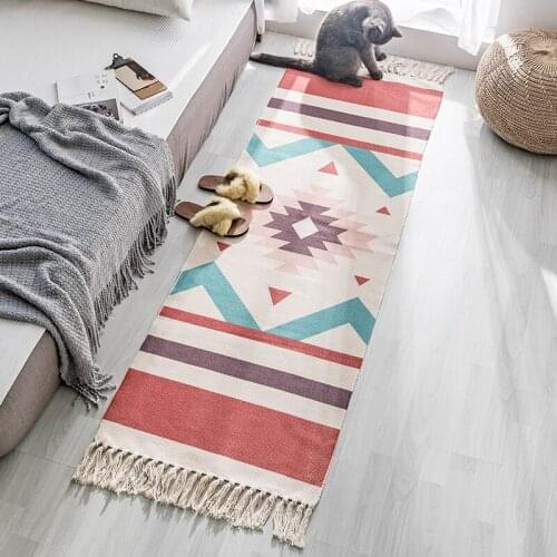 India Retro Style Bedroom Bedside Rug Foot Pad Cotton Linen Rugs Woven Carpets For Room Living Tassel Mat Tatami Entrance