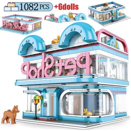 City Street View Creatieve Cat Dog Pet Shop Figures Bricks DIY Friends House Architecture Building Blocks Creator Toys for Girls