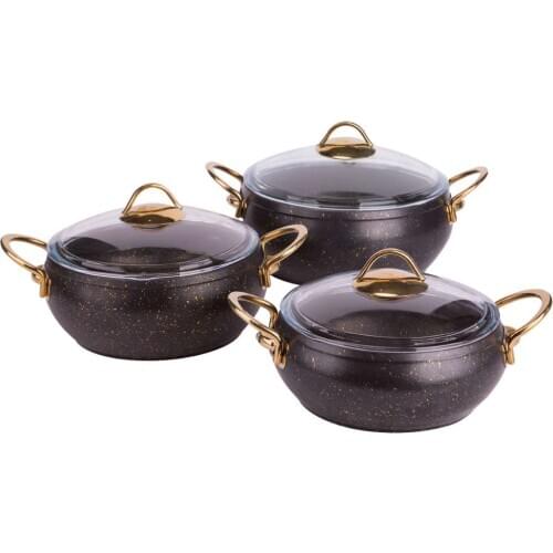 Cookware Set 3 piece Granite Stew Pot Black Gold Handle Made in Turkey