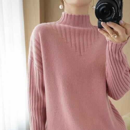 Autumn and winter series womens half high neck 100% pure wool sweater pullover long sleeve knit loose casual cashmere sweater