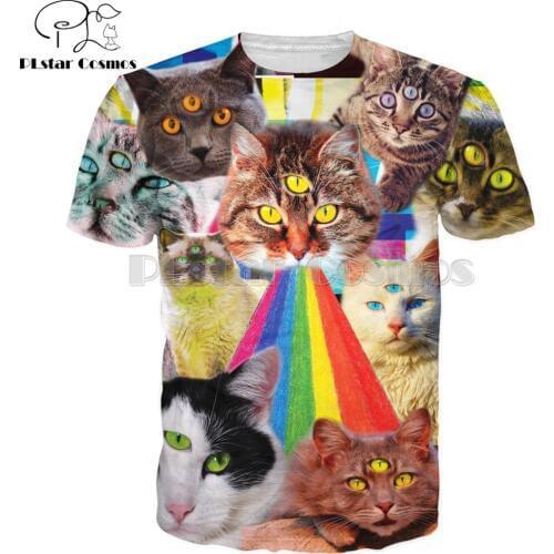 PLstar Cosmos Three Eye Cat Rainbow Vomit T-Shirt Cute Kitten collage 3d Printed Unisex t shirts summer Harajuku tee tops