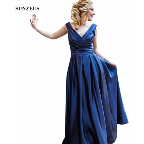 Simple Elegant Navy Blue Bridesmaid Dresses Long Satin Women Party Gowns For Wedding A-line V-neck Gown abito damigella BDS050