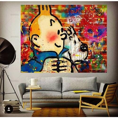Hand Painted TINTIN And Dog Cartoon On Canvas POP ART Oil Painting Good For Kids Room Decoration
