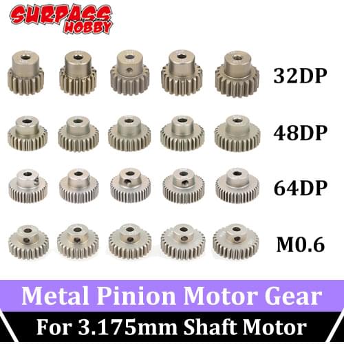 SURPASS HOBBY 5PCS Metal Pinion Motor Gear 32DP 48DP 64DP M0.6 12-50T 3.175mm Shaft for 1/10 1/8 RC Car Motor 3650 3660 Traxxas