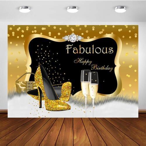 Fabulous Birthday Backdrop Women Birthday Party Banner Gold Spots High-Heel Champagne Diamond Decor Photography Background