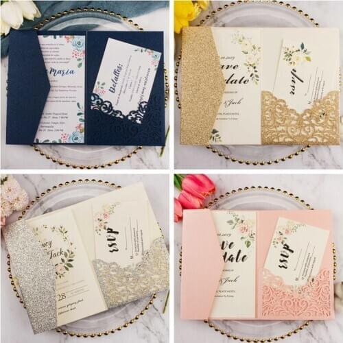 25X pocketfold Ivory White Red Wedding Invitations Tri fold Invites with envelope Rsvp 4 Rehearsal dinner bridal shower birthday